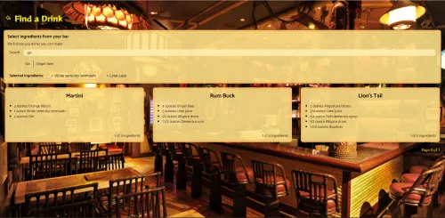 Barkeep search results screen with search term and selected ingredients