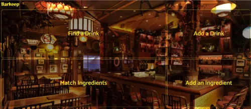 Barkeep menu screen with options to search by name or ingredient and to create new ingredients and drinks