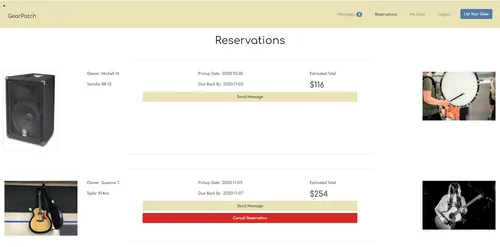 Gearpatch reservations page showing current and upcoming gear rentals