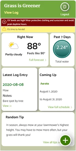 Greener landing page with recent activities, weather summaries, and alerts